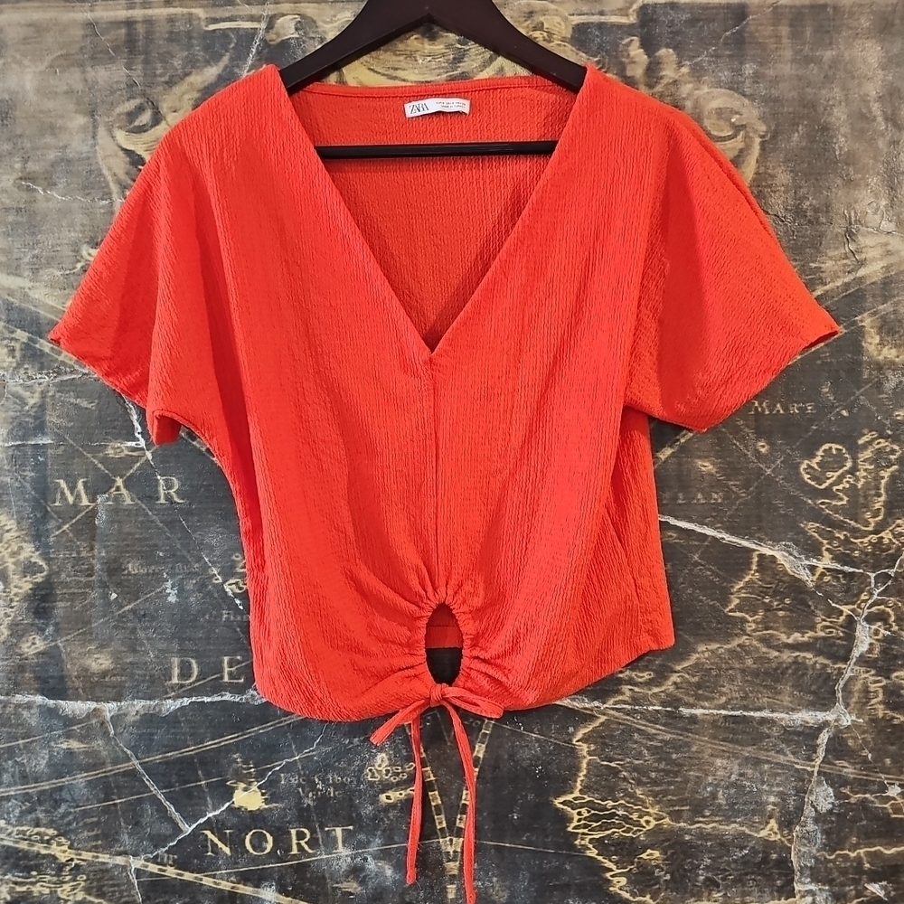Zara Cropped(ish) Shirt Short Sleeve Keyhole Tie Waist Women's Size S Orange